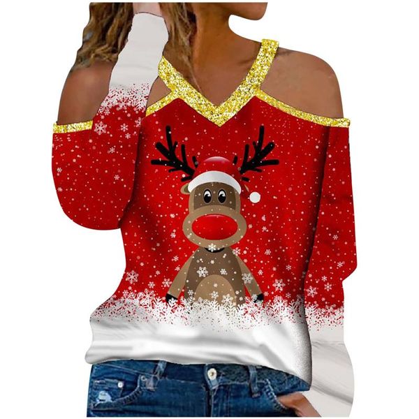 women's t-shirt autumn hollow out off shoulder print v-neck long sleeve christmas party casual loose female clothes, White
women's t-shirt autumn hollow out off shoulder print v-neck long sleeve christmas party casual loose female clothes, White