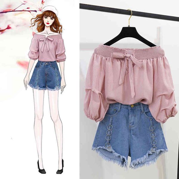 women's two piece pants summer off shoulder loose half lantern sleeve solid cute blouse jean shorts two-piece outfit casual sets, White
women's two piece pants summer off shoulder loose half lantern sleeve solid cute blouse jean shorts two-piece outfit casual sets, White
