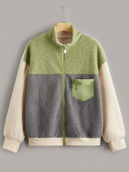 1pc color block zip up fleece jacket w8dk#, Black;brown
1pc color block zip up fleece jacket w8dk#, Black;brown