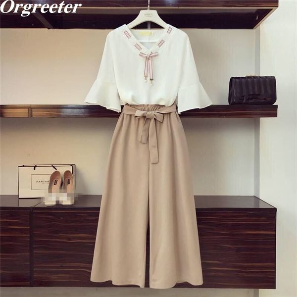 plus size pants suit summer women's bow loose chiffon shirt + high waist sashes wide-legged two-piece lady set 210525, White
plus size pants suit summer women's bow loose chiffon shirt + high waist sashes wide-legged two-piece lady set 210525, White