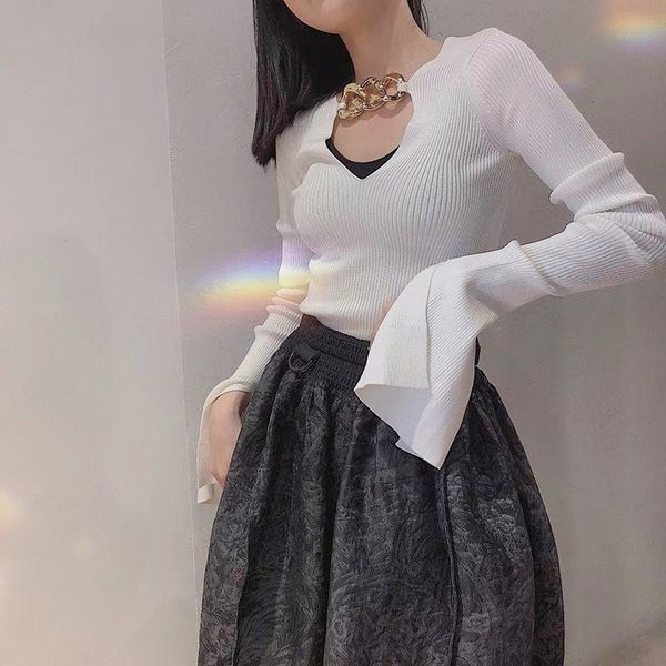 women's sweaters tide brand women luxury pullover autumn chain v-neck hollow slim knit sweater trumpet sleeve black white bottoming clo, White;black
women's sweaters tide brand women luxury pullover autumn chain v-neck hollow slim knit sweater trumpet sleeve black white bottoming clo, White;black