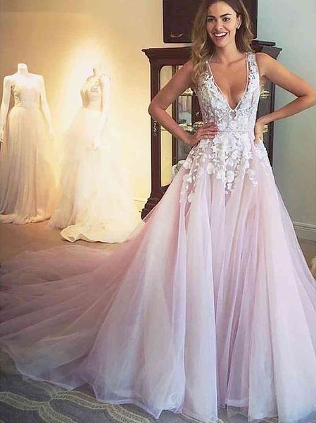 light pink tulle prom dress sleeveless deep v-nck illusion appliques sweep train a-line keyhole back evening dress, Black
light pink tulle prom dress sleeveless deep v-nck illusion appliques sweep train a-line keyhole back evening dress, Black