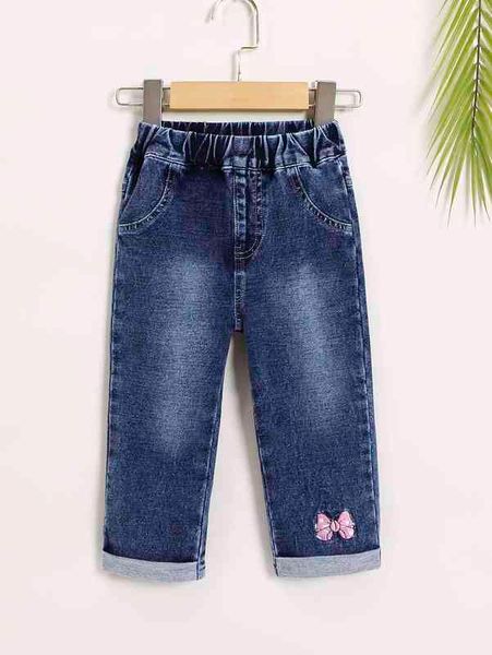 baby bow embroidered roll up hem jeans she, Blue
