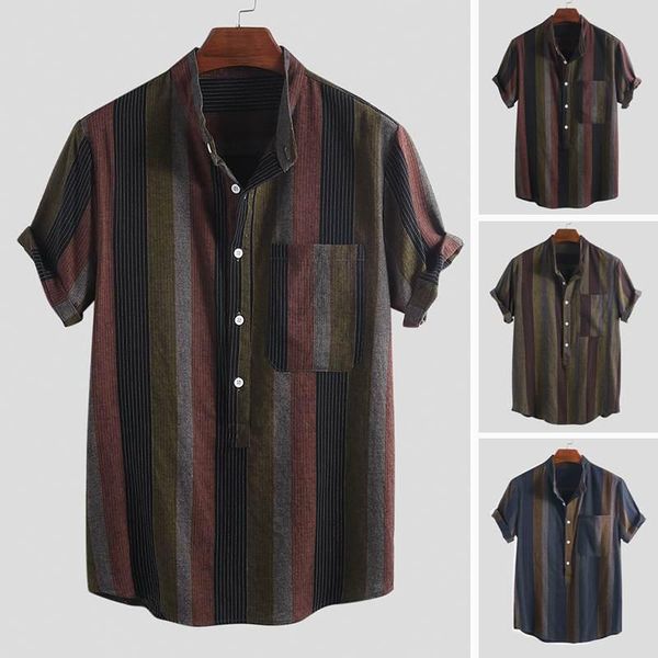 fashion men's shirt lapel short sleeve cardigan vintage literary stripe street chic loose 2021 summer casual shirts, White;black
fashion men's shirt lapel short sleeve cardigan vintage literary stripe street chic loose 2021 summer casual shirts, White;black