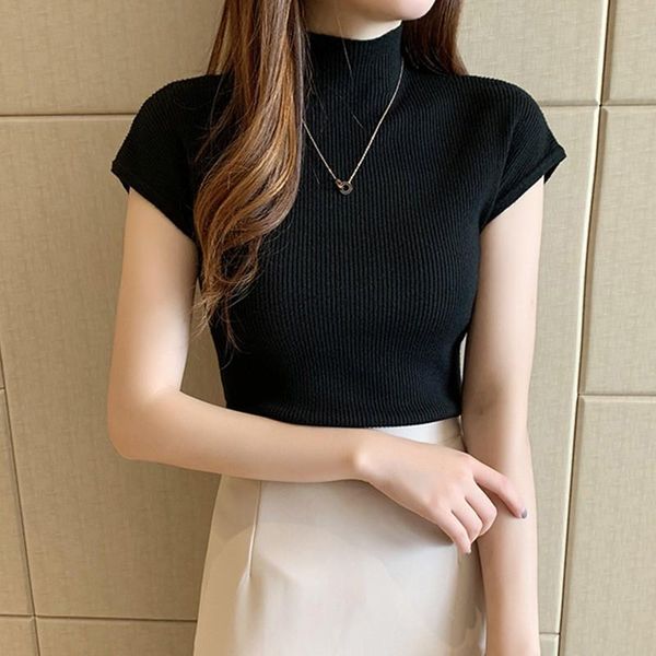 women's t-shirt fashion knishort sleeeve women half turtleneck stretch knitted t-shirts solid color spring summer female, White
women's t-shirt fashion knishort sleeeve women half turtleneck stretch knitted t-shirts solid color spring summer female, White