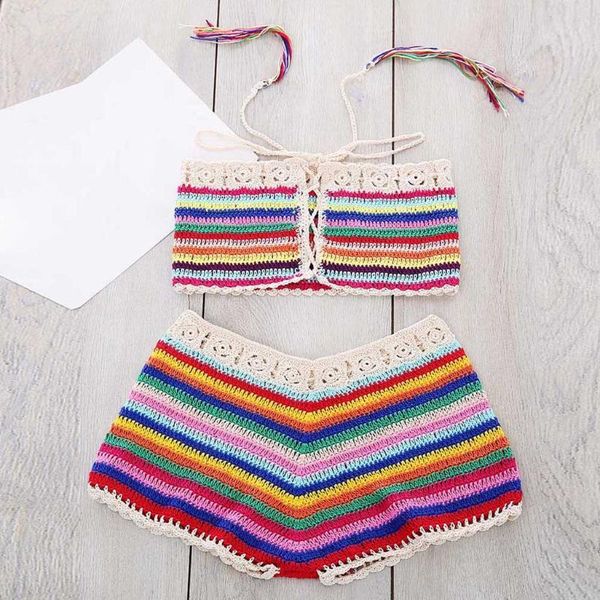 women's swimwear dwomens bohemian rainbow handmade crochet knitted bikini set drawstring lace up bandeau tube shorts beach swimsuit, White;black
women's swimwear dwomens bohemian rainbow handmade crochet knitted bikini set drawstring lace up bandeau tube shorts beach swimsuit, White;black