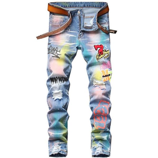 men slim fit colorful painted jeans fashion destroyed men's denim pants cotton jean hip hop casual trousers 3029, Blue
men slim fit colorful painted jeans fashion destroyed men's denim pants cotton jean hip hop casual trousers 3029, Blue