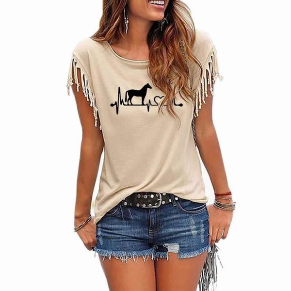 creative horse heartbeat women cotton tassel casual t-shirt clothes animals tees short sleeve o-neck women's, White