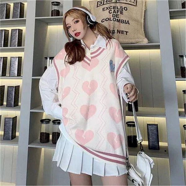 men's vests spring autumn women's sweater knitted vest pink love embroidered v-neck pullover oversize vintage sleeveless women 2021, Black;white
men's vests spring autumn women's sweater knitted vest pink love embroidered v-neck pullover oversize vintage sleeveless women 2021, Black;white
