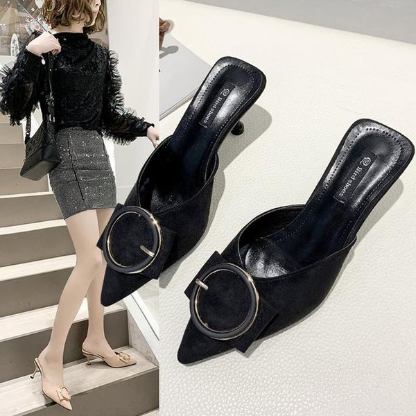 slippers mules shoes woman pointed toe shallow round buckle elegant ladies thin high heels solid flock slides summer flip flops, Black
slippers mules shoes woman pointed toe shallow round buckle elegant ladies thin high heels solid flock slides summer flip flops, Black