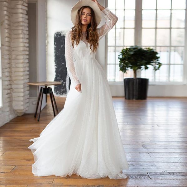 other wedding dresses morden long sleeves dress 2021 a line floor length dotted tulle garden beach bridal gowns1, White
other wedding dresses morden long sleeves dress 2021 a line floor length dotted tulle garden beach bridal gowns1, White