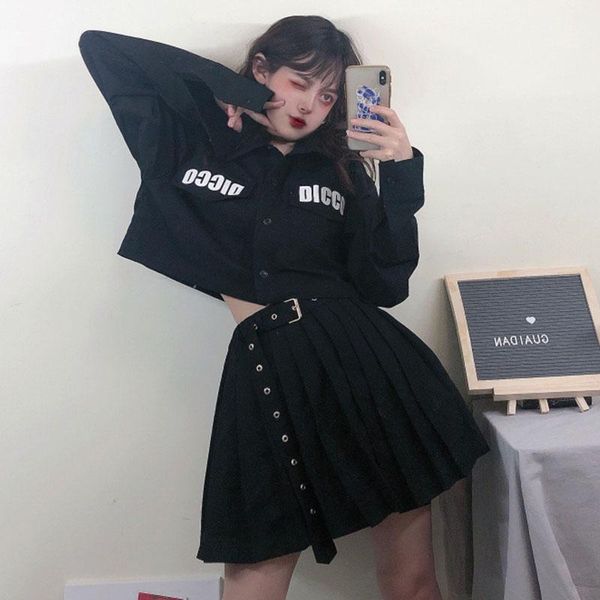 two piece dress hipster spring summer chic shirts letter turn-down collar ladies long sleeve loose crop black streetwear mini-skirt, White
two piece dress hipster spring summer chic shirts letter turn-down collar ladies long sleeve loose crop black streetwear mini-skirt, White