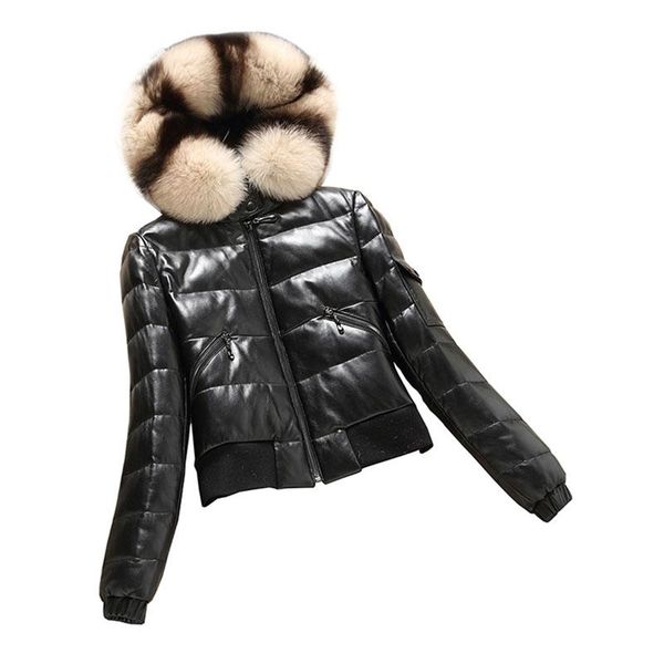 women's leather & faux genuine jacket sheepskin coat autumn winter women clothes 2021 korean fur hood down coats zt1501, Black