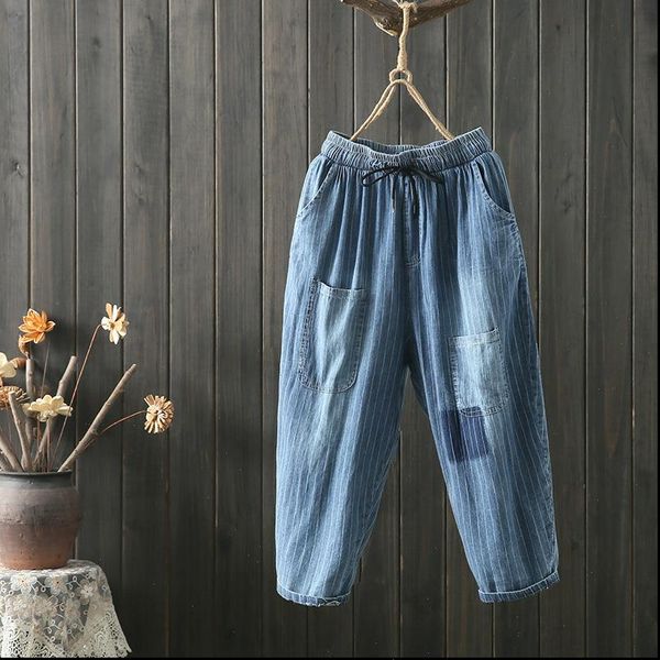 calf length pants womens jean elastic waist loose harem casual pockets summer striped women, Blue
calf length pants womens jean elastic waist loose harem casual pockets summer striped women, Blue