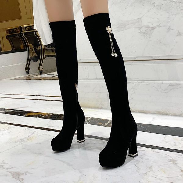 boots sunflower metal chain pearl cute ladies winter super high thick heel flock large size over-the-knee with fringe, Black
boots sunflower metal chain pearl cute ladies winter super high thick heel flock large size over-the-knee with fringe, Black