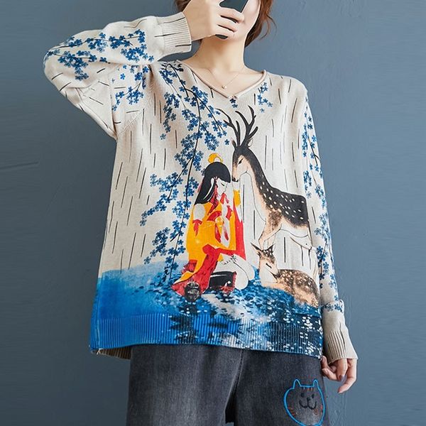 women loose casual sweaters new arrival autumn vintage v-neck cartoon print female long sleeve knitted pullovers s2603 210412, White;black
women loose casual sweaters new arrival autumn vintage v-neck cartoon print female long sleeve knitted pullovers s2603 210412, White;black