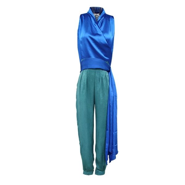 european and american fashion show satin v-neck + high waist laced trousers suit, White