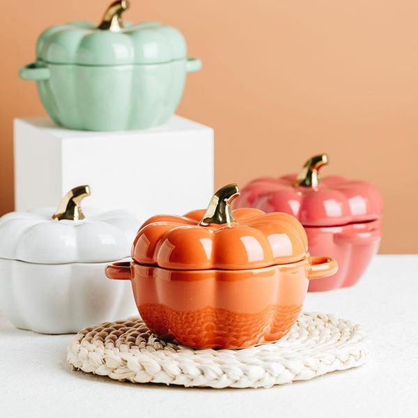 bowls 1pc creative pumpkin shaped baking bowl with lid, ceramic household tableware dessert soup milk kitchen tools