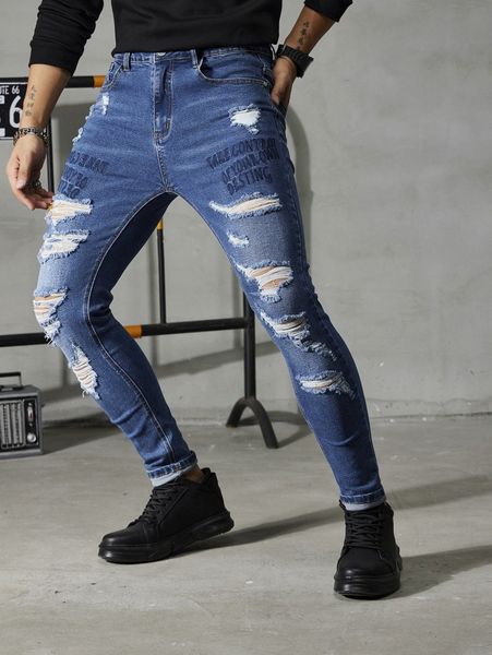 men slogan embroidery ripped skinny jeans 44h7#, Blue