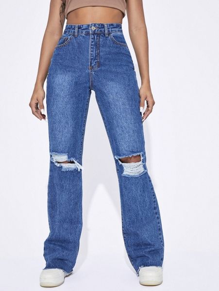 high waist ripped raw hem jeans 35bo#, Blue