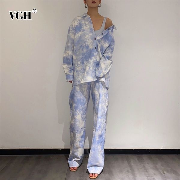 tie dye korean two piece set for women lapel long sleeve loose high waist straight trousers hit color sets female 210531, White 
tie dye korean two piece set for women lapel long sleeve loose high waist straight trousers hit color sets female 210531, White