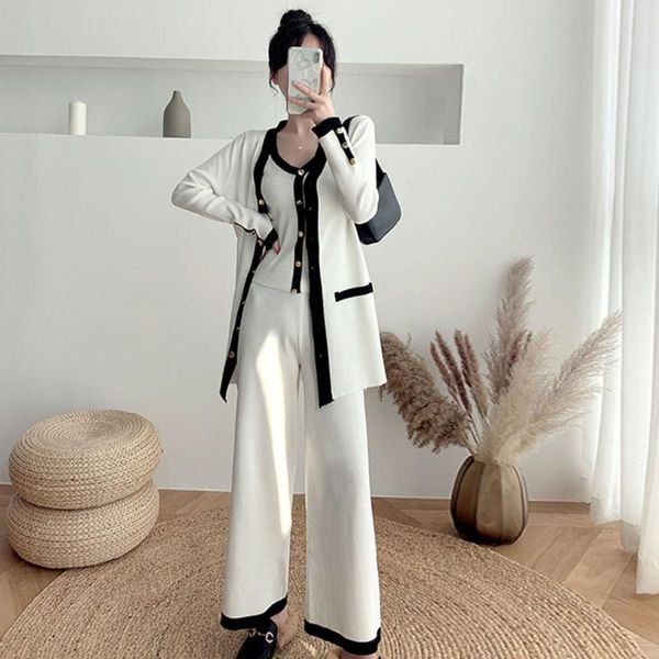 women's two piece pants 2021 female spring autumn fashion temperament loose cardigan knit wide leg suit three-piece set, White
women's two piece pants 2021 female spring autumn fashion temperament loose cardigan knit wide leg suit three-piece set, White