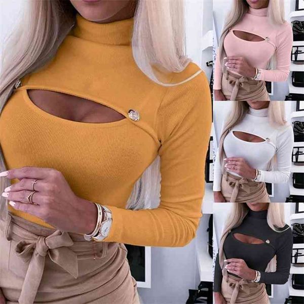 women t-shirt ladies slim fit hollow out knitted solid color turtleneck long sleeve black white pink yellow fashion 210522
women t-shirt ladies slim fit hollow out knitted solid color turtleneck long sleeve black white pink yellow fashion 210522