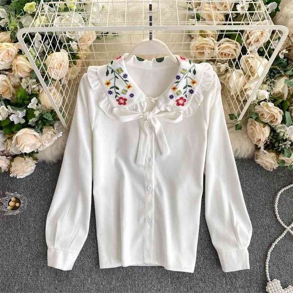 korean style flower embroidery shirt women sweet ruffles turn down collar long sleeve bowtie single breasted casual blouse 210603, White
korean style flower embroidery shirt women sweet ruffles turn down collar long sleeve bowtie single breasted casual blouse 210603, White