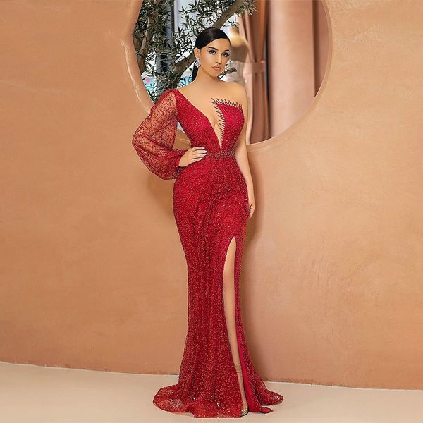 red one shoulder single long sleeve evening dresses split glitter mermaid prom gowns floor length formal dress, Black;red
red one shoulder single long sleeve evening dresses split glitter mermaid prom gowns floor length formal dress, Black;red