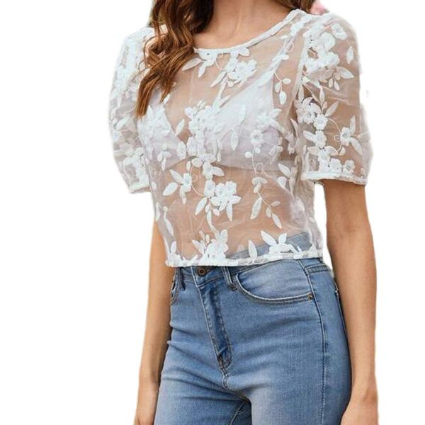 fashion women floral embroidered mesh blouse short sleeve round neck perspective pullover women's t-shirt, White
fashion women floral embroidered mesh blouse short sleeve round neck perspective pullover women's t-shirt, White