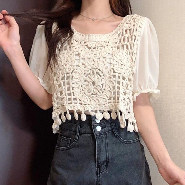 women's blouses & shirts korean beige white flowers knitted short sleeve women's lace shirt elegant vintage blouse women crop 2021 
women's blouses & shirts korean beige white flowers knitted short sleeve women's lace shirt elegant vintage blouse women crop 2021