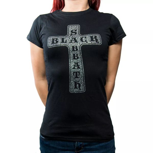 ladies black sabbath cross official diamante women ladies t-shirt, White;black