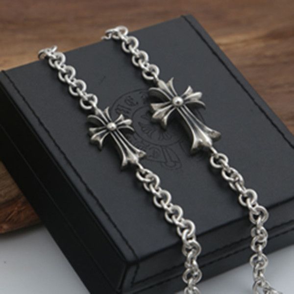 925 sterling silver link chain bracelets with large cross charms american european antique handmade vintage designer luxury jewelry accessor, Black
925 sterling silver link chain bracelets with large cross charms american european antique handmade vintage designer luxury jewelry accessor, Black