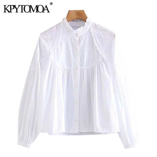 women fashion with ruffle trim embroidery blouses high collar lantern sleeve female shirts chic 210420, White
women fashion with ruffle trim embroidery blouses high collar lantern sleeve female shirts chic 210420, White