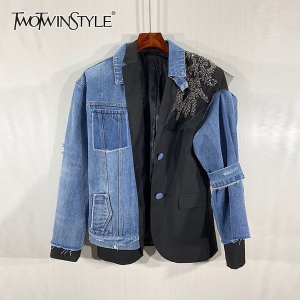twotwinstyle spring patchwork diamond jacket for women lapel long sleeve hit color denim jackets female fashion new clothing 210428, Black;brown
twotwinstyle spring patchwork diamond jacket for women lapel long sleeve hit color denim jackets female fashion new clothing 210428, Black;brown