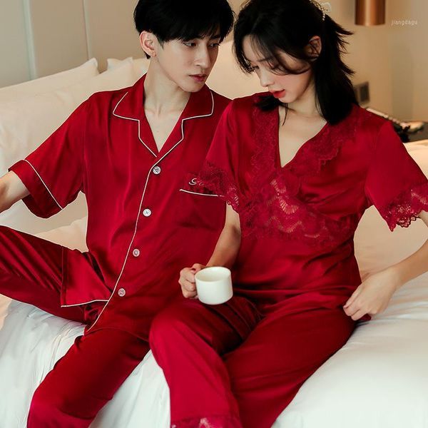 men's sleepwear burgundy 2pcs lover pajama sets spring summer couple ice silk nightwear mens short sleeve pant homewear lady lace trim, Black;brown
men's sleepwear burgundy 2pcs lover pajama sets spring summer couple ice silk nightwear mens short sleeve pant homewear lady lace trim, Black;brown