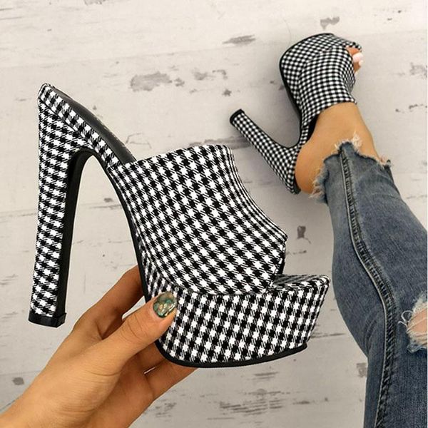 slippers summer mules women for super high heels 14.5cm peep toe shoes nightclub party houndstooth platform, Black
slippers summer mules women for super high heels 14.5cm peep toe shoes nightclub party houndstooth platform, Black