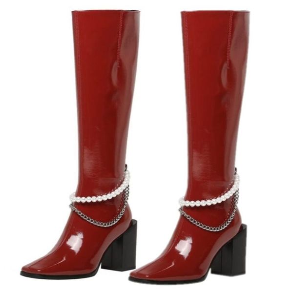 boots party pumps women's bright cow leather square toe knee high block heel tall long 34-41, Black
boots party pumps women's bright cow leather square toe knee high block heel tall long 34-41, Black