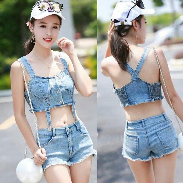 style summer sporting suit denim halter belt vest crop edge knickers two piece set of women 0248, Gray
style summer sporting suit denim halter belt vest crop edge knickers two piece set of women 0248, Gray
