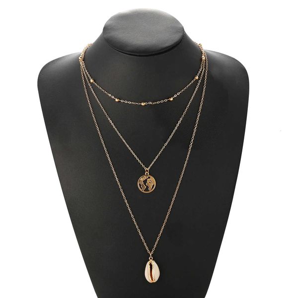 f1838 creative simple shell hollowed out map pendant multi layer necklace, Silver