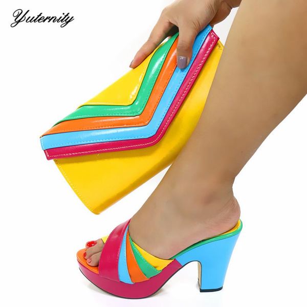 dress shoes luxury italian design and bag set pu leather heels woman for party, Black