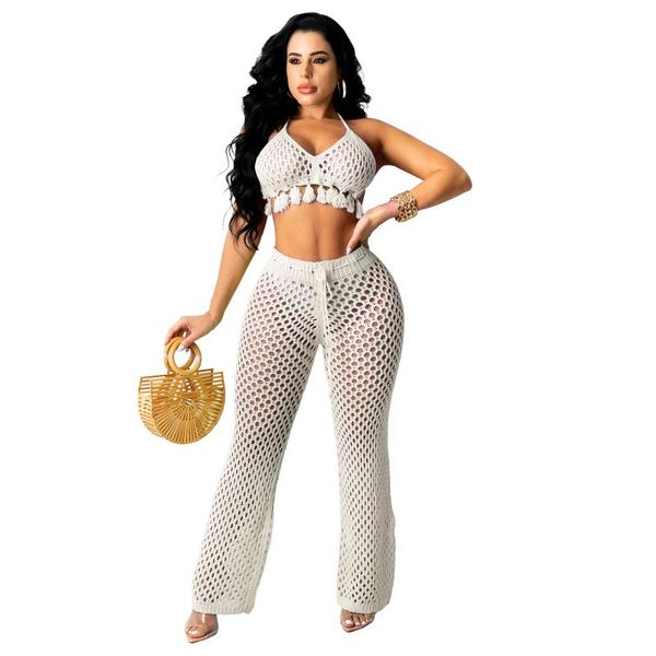 women's two piece pants women set hollow out solid sleeveless bandage halter tassel bra flare 2 outfit summer tracksuit, White
women's two piece pants women set hollow out solid sleeveless bandage halter tassel bra flare 2 outfit summer tracksuit, White