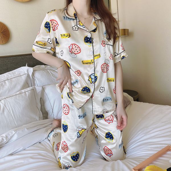 spring and autumn pajamas women undergarments ice si summer thin short-sleeved trousers two-piece silk home service suit, White
spring and autumn pajamas women undergarments ice si summer thin short-sleeved trousers two-piece silk home service suit, White