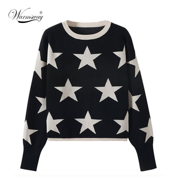quality fall winter women's sweater o-neck star pullover knitting sweaters long sleeve with split casual jumper c-288 210914, White;black