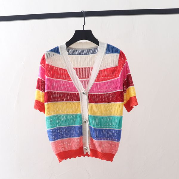 t shirt 2021 summer versatile slim rainbow stripe hollowed out v-neck thin short sleeved knitted cardigan top, White
t shirt 2021 summer versatile slim rainbow stripe hollowed out v-neck thin short sleeved knitted cardigan top, White