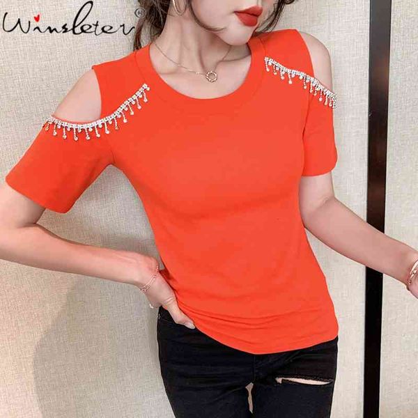 women's t-shirt summer european clothes cotton fashion off shoulder shiny diamonds tassels women short sleeve tees t1401, White
women's t-shirt summer european clothes cotton fashion off shoulder shiny diamonds tassels women short sleeve tees t1401, White