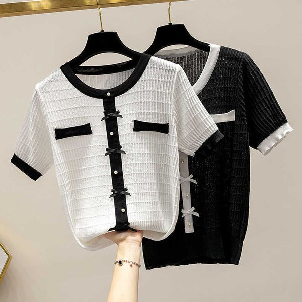 oversized o neck short sleeve crop women summer korean sweet style patchwork bow slim lady white knitted pullovers 210604, White;black
oversized o neck short sleeve crop women summer korean sweet style patchwork bow slim lady white knitted pullovers 210604, White;black
