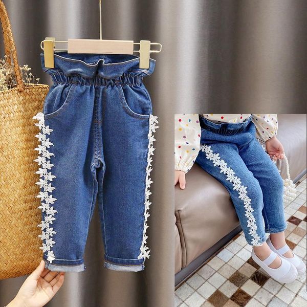 jeans for 6m-5y personality girl lace girls princess stitching children's casual clothing, Blue