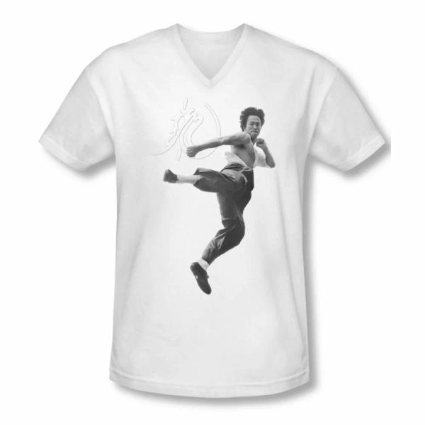 bruce lee flying kick v neck t-shirt sizes- s-2x new, White;black