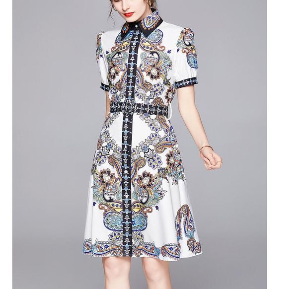 women european dress temperament lapel short-sleeved retro print thin skirt, Black;gray
women european dress temperament lapel short-sleeved retro print thin skirt, Black;gray
